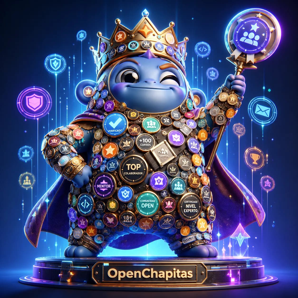 El rey OpenChapitas, cubierto de insignias — nivel experto
